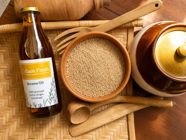 Sesame oil (gingelly, til, तिल) - cold pressed, unrefined, extra virgin - Gaon Fresh - 500ML