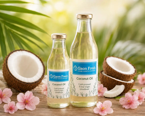 Coconut oil (Nariyal, नारियल) - cold pressed, unrefined, extra virgin - Gaon Fresh - 500ML