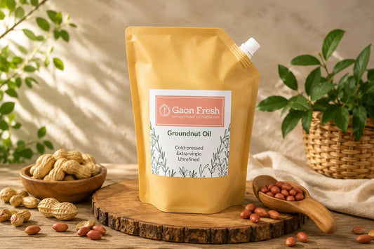 Groundnut oil (peanut, moongphali, मूंगफली) - cold pressed, unrefined, extra virgin - Gaon Fresh - 500ML