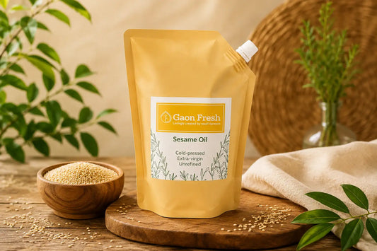 Sesame oil (gingelly, til, तिल) - cold pressed, unrefined, extra virgin - Gaon Fresh - 500ML
