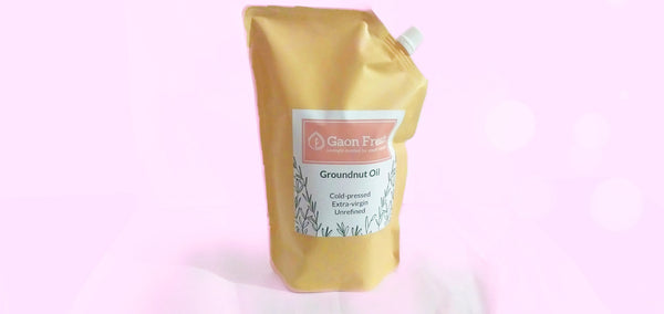 Groundnut oil (peanut, moongphali, मूंगफली) - cold pressed, unrefined, extra virgin 1Liter (Refill Pouch)