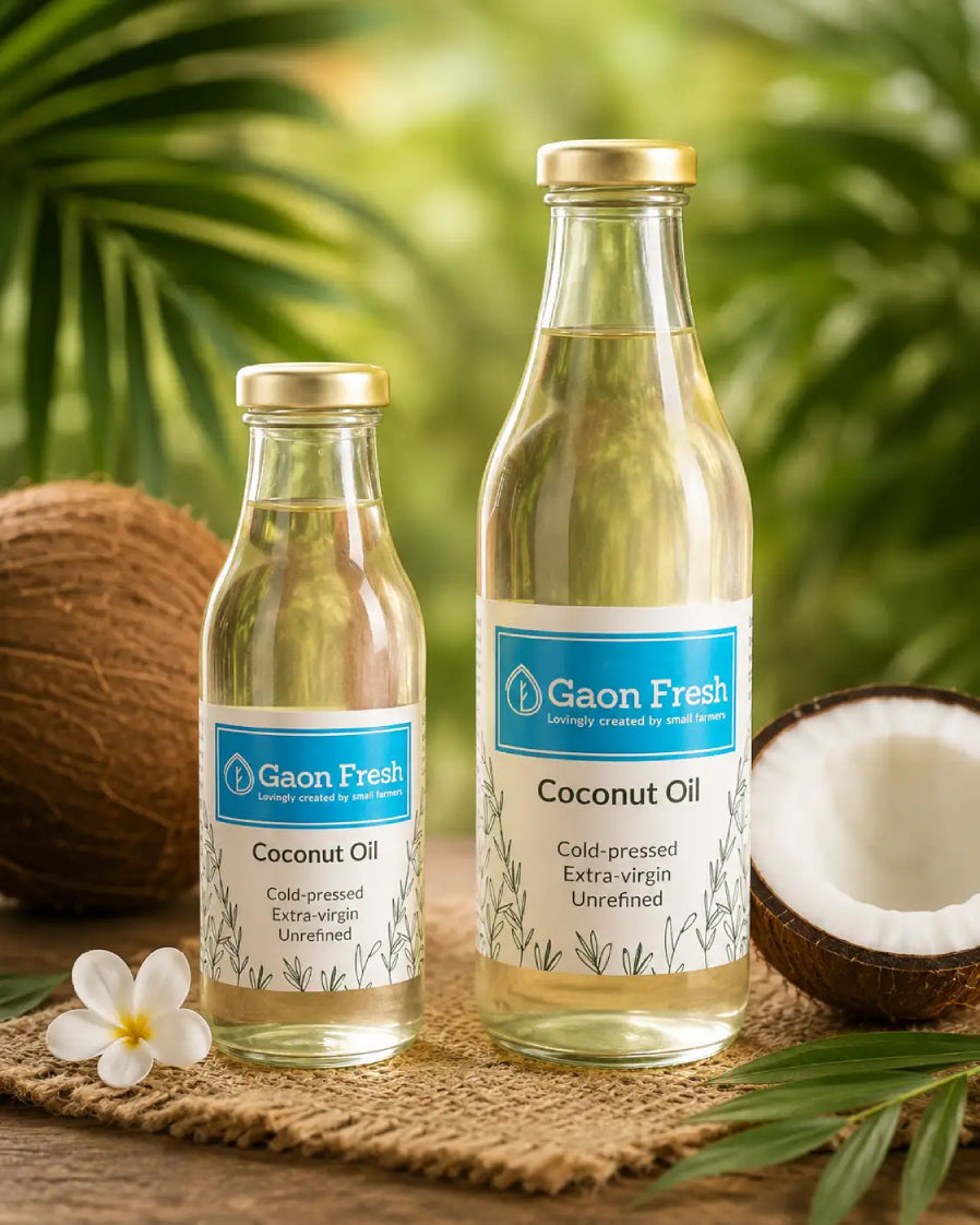 Coconut oil (Nariyal, नारियल) - cold pressed, unrefined, extra virgin - Gaon Fresh - 500ML