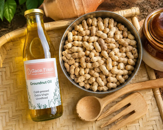 Groundnut oil (peanut, moongphali, मूंगफली) - cold pressed, unrefined, extra virgin - Gaon Fresh - 500ML