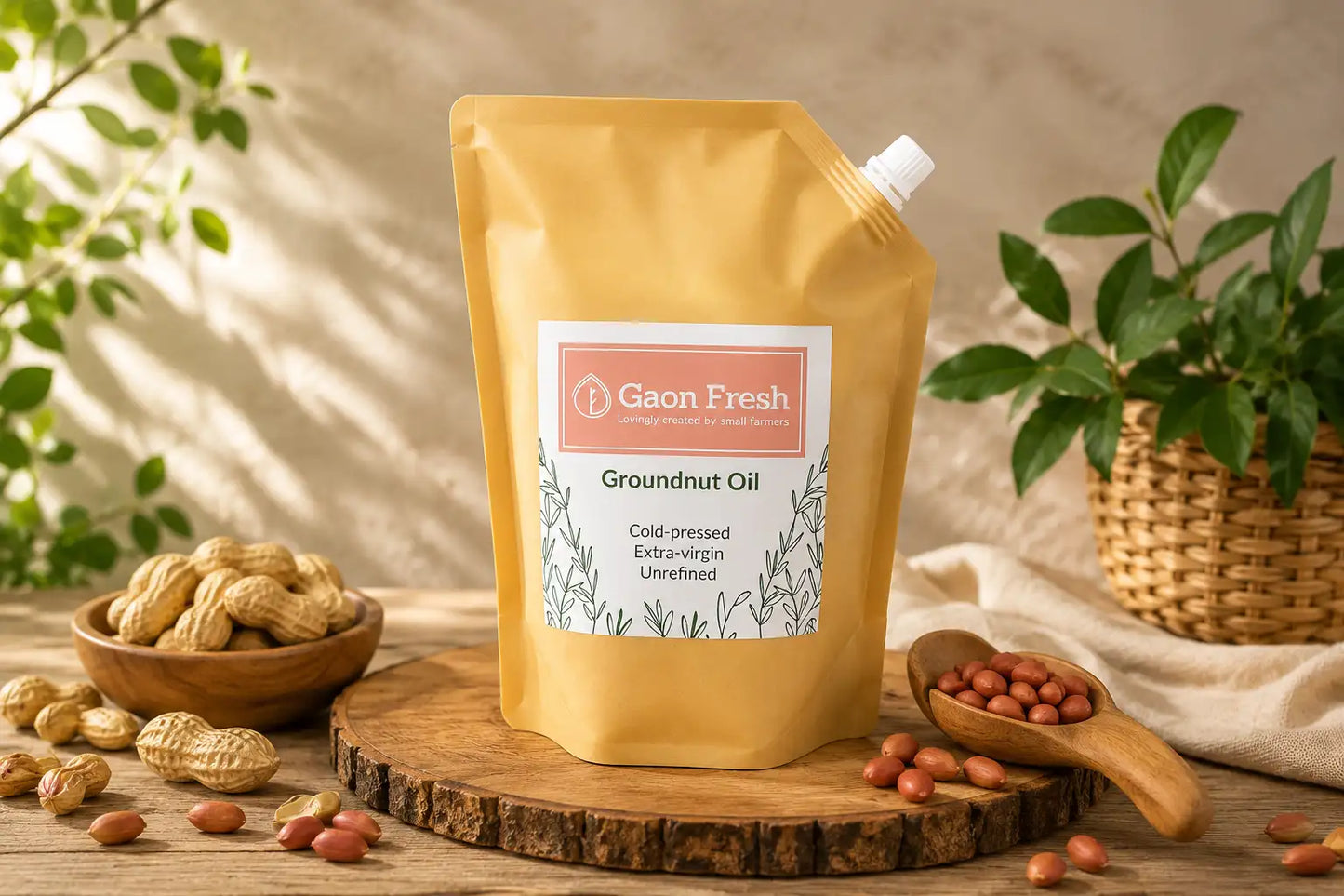 Groundnut oil (peanut, moongphali, मूंगफली) - cold pressed, unrefined, extra virgin - Gaon Fresh - 500ML