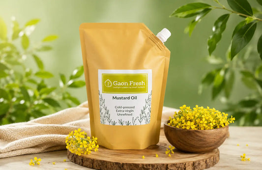Mustard oil (sarson, सरसों) - cold pressed, unrefined, extra virgin - Gaon Fresh - 500ML